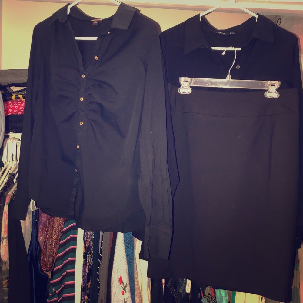 Two black dress tops with pencil skirt
